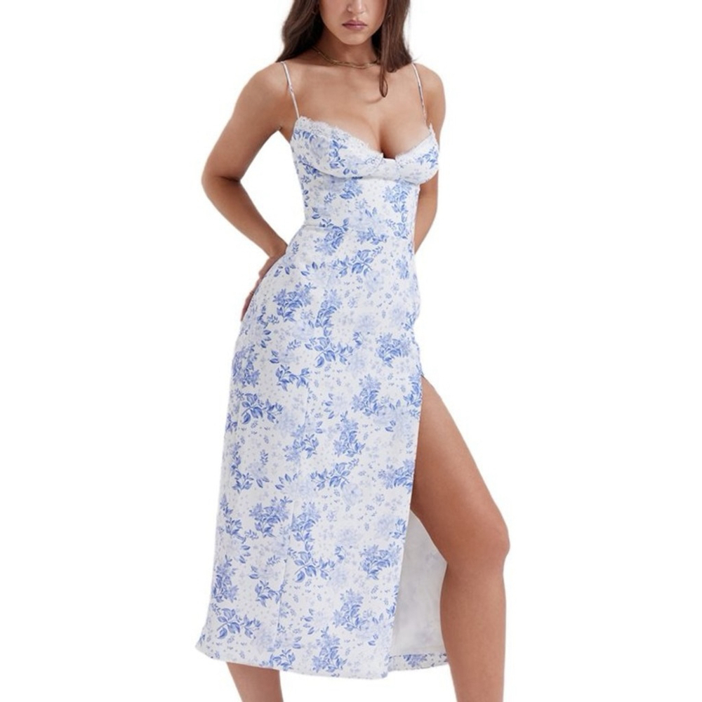 Women Backless High Split Floral V Neck Spaghetti Strap Sling Bodycon Long Dress